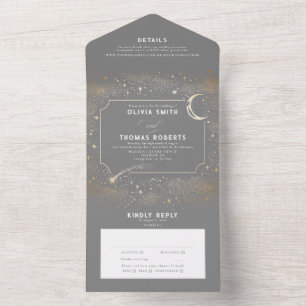 Night Sky Stars Moon Celestial Grey Wedding All In One Invitation