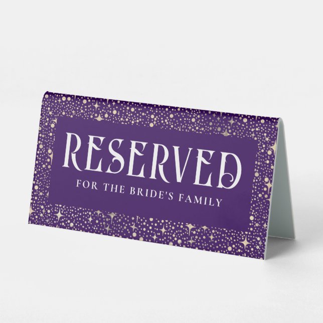 Night Sky Stars Purple Wedding Reserved Table Tent (Front)