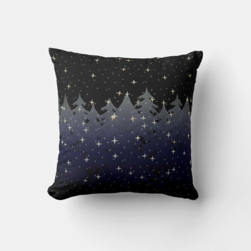 Night Sky Stars Trees Snowfall Purple Blue Black Throw Pillow