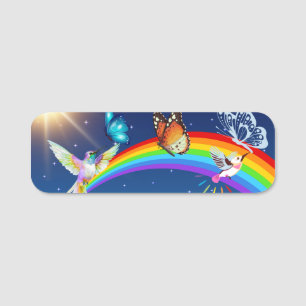 Night Sky, Two Birds, Butterflies, and a Rainbow Name Tag