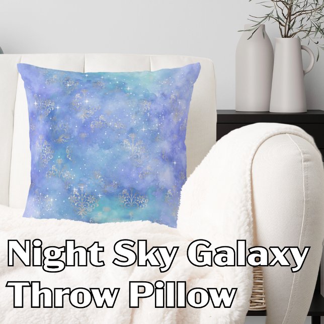 Night Sky Watercolor Galaxy Purple Blue Silver Throw Pillow (Night Sky Galaxy Purple Blue Silver Groovy abstract Throw Pillow)