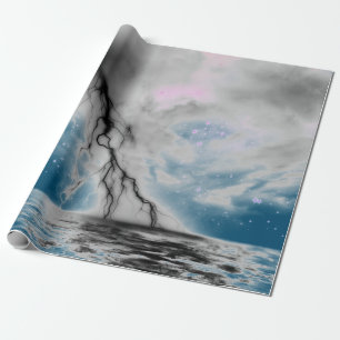 NIGHT SKY WITH BLACK LIGHTNING BLUE SEA GIFT WRAP