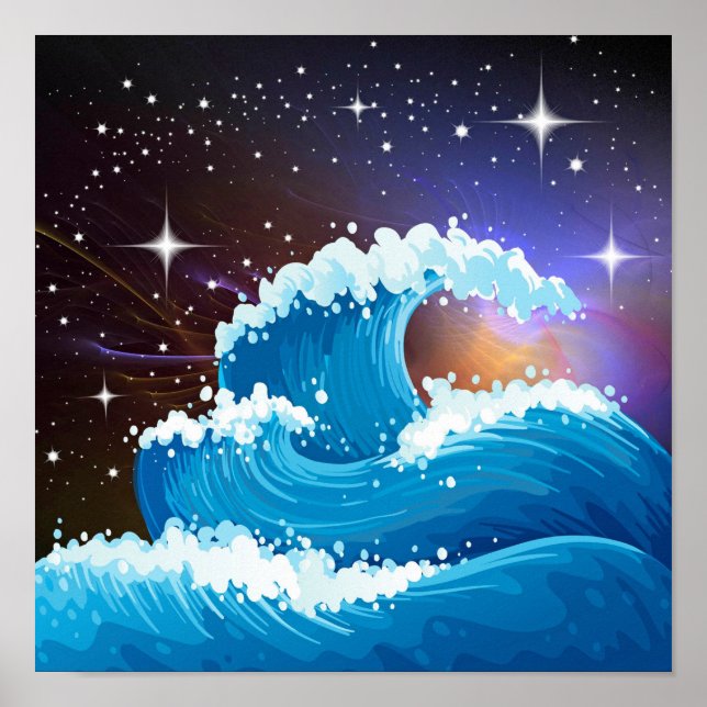 Night Sky with Giant Wave Drawing Blue Poster (Front)