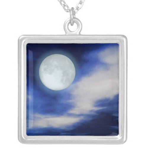 Night Sky with Moon and Clouds Silver Plated Necklace