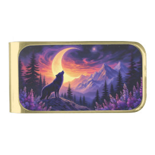 Night Sky Wolf Crescent Moon Lavender Gold Finish Money Clip