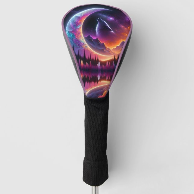  Night Sky Wolf Crescent Moon Lavender Golf Head Cover (Front)