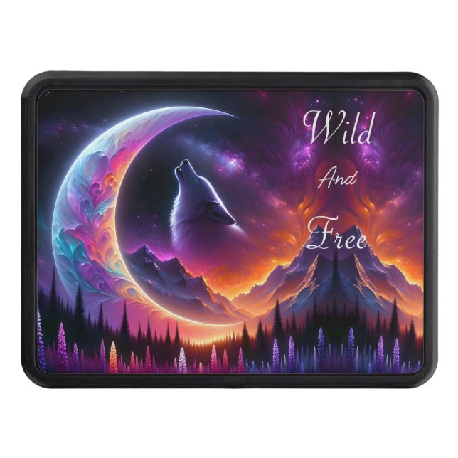 Night Sky Wolf Crescent Moon Lavender Hitch Cover (Front)