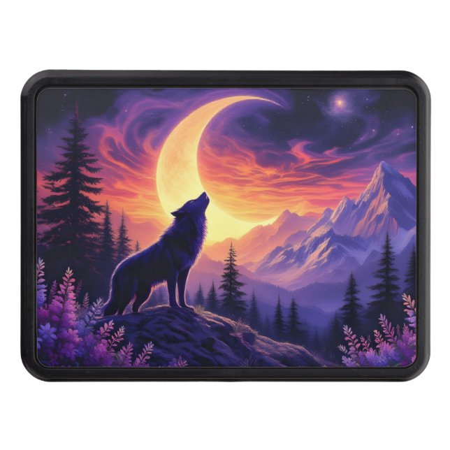 Night Sky Wolf Crescent Moon Lavender Hitch Cover (Front)