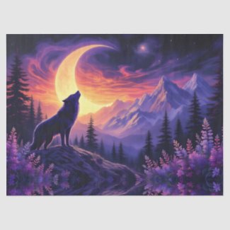 Night Sky Wolf Crescent Moon Lavender