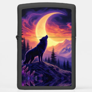 Night Sky Wolf Crescent Moon Lavender Zippo Lighter