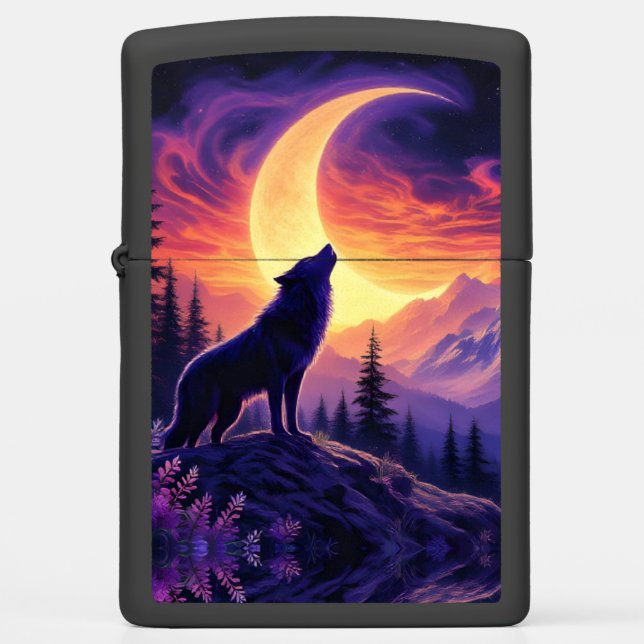  Night Sky Wolf Crescent Moon Lavender Zippo Lighter (Front)