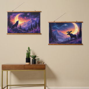  Night Sky Wolf Sasquatch Moose Crescent Moon Hanging Tapestry