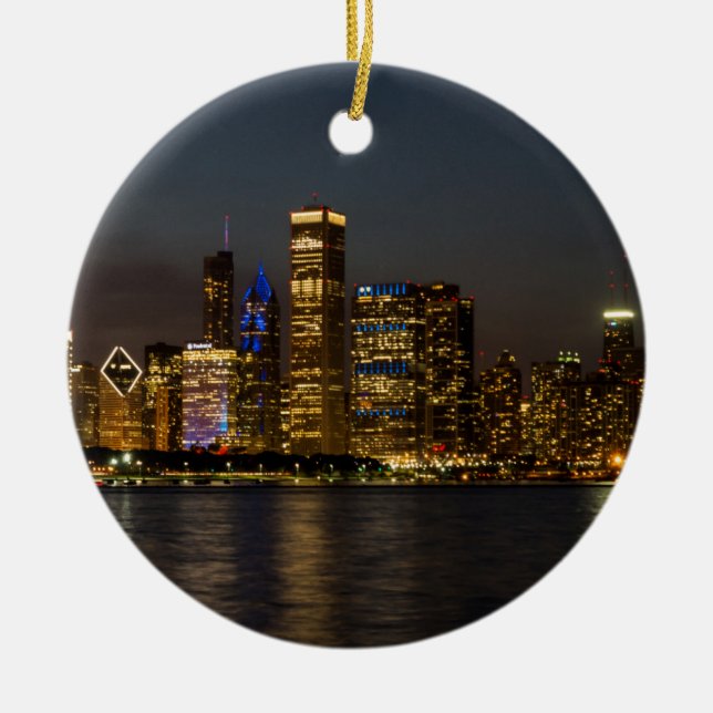 Night Skyline Chicago Pano Ceramic Ornament (Front)