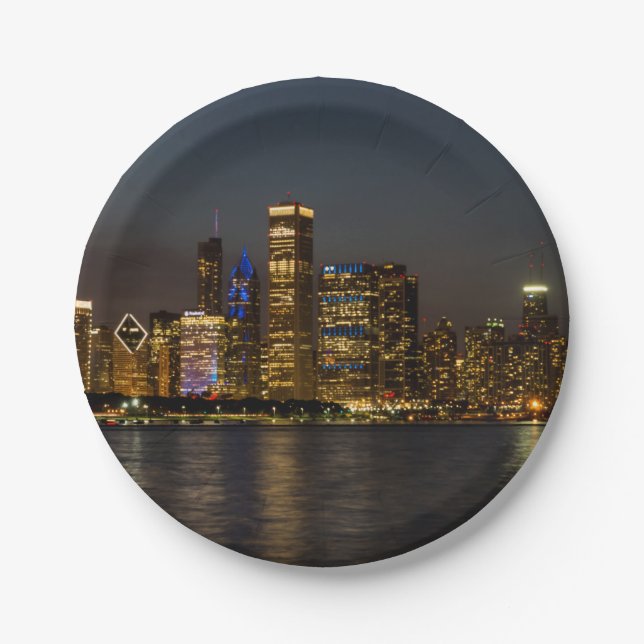 Night Skyline Chicago Pano Paper Plates (Front)