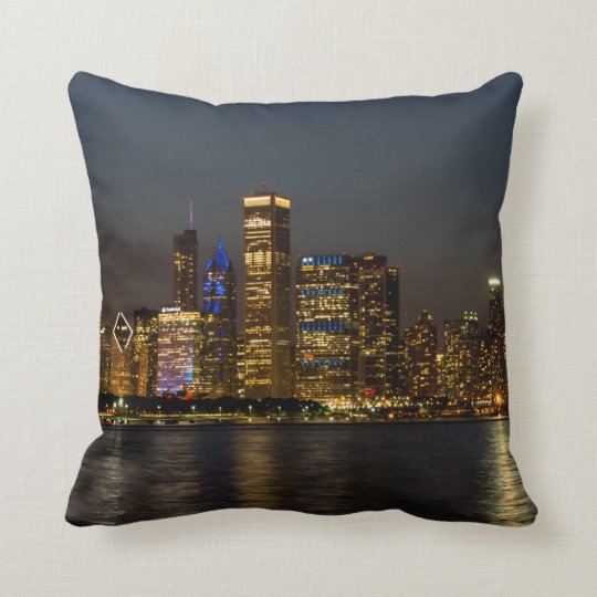 Night Skyline Chicago Pano Throw Pillow