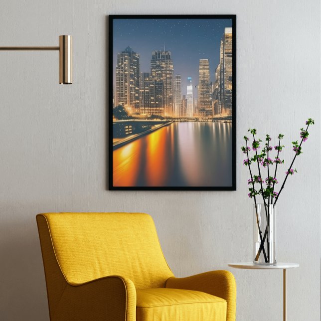 Night Skyline with Full Moon: Digital Painting on  Canvas Print (Creator Uploaded)