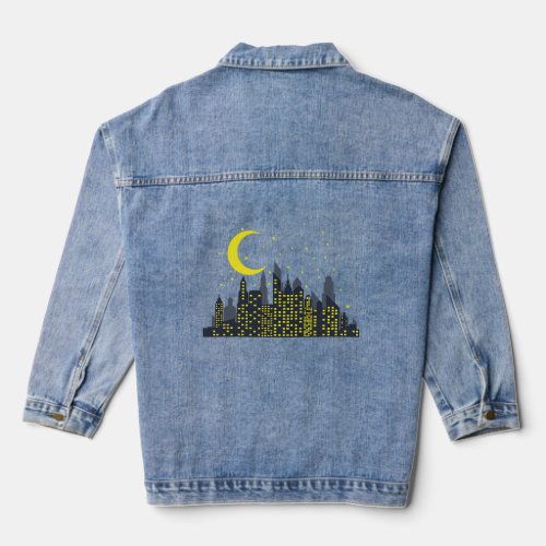 Night Skyline with half Moon Building City  Denim Jacket