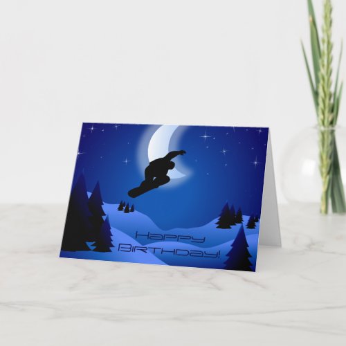 Night Snowboarding Mountain Moon Happy Birthday Card