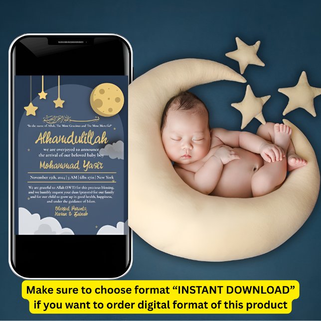Night Star blue muslim baby boy birth announcement (Creator Uploaded)
