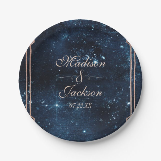 Night Star Sky Celestial Galaxy Wedding Monogram Paper Plates (Front)