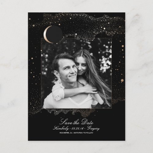 Night Stars Black and Gold Photo Save the Date Announcement Postcard