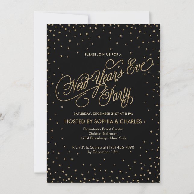 Night Stars Gold & Black New Year's Eve Party Invitation (Front)