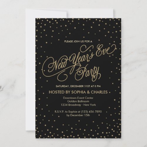 Night Stars Gold  Black New Years Eve Party Invitation