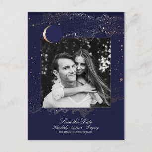 Night Stars Navy and Gold Photo Save the Date Announcement Postcard