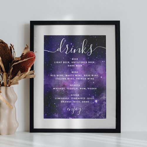 Night stars Purple space wedding drinks bar menu Poster