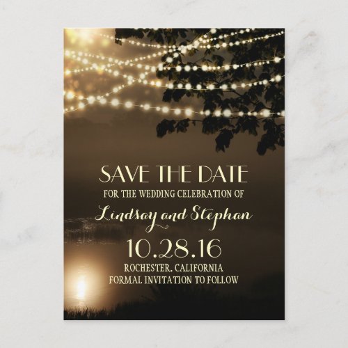 night string lights elegant save the date postcard - Beautiful elegant branches, lake and string of lights save the date postcards.