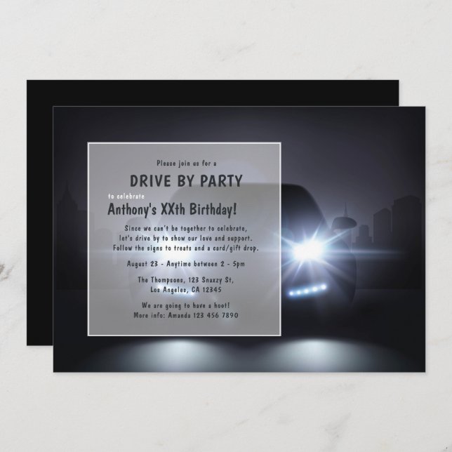 Night Time Drive By Birthday Party Invitation (Front/Back)