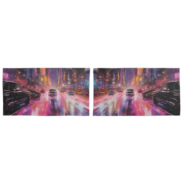 Night time Highway in Vibrant Cityscape Pillow Case (Front-Set)