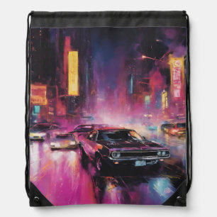 Night-time Street Racing in Vibrant City Drawstring Bag