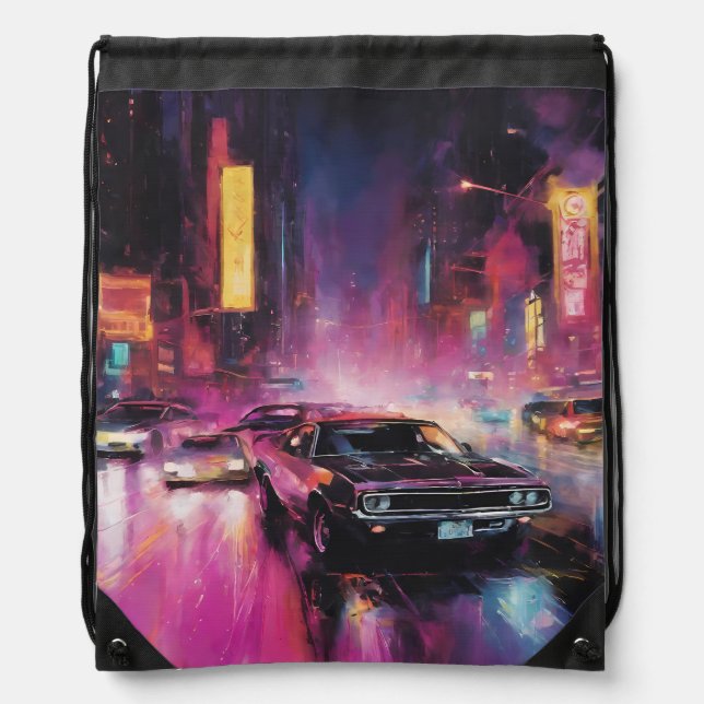 Night-time Street Racing in Vibrant City Drawstring Bag (Front)