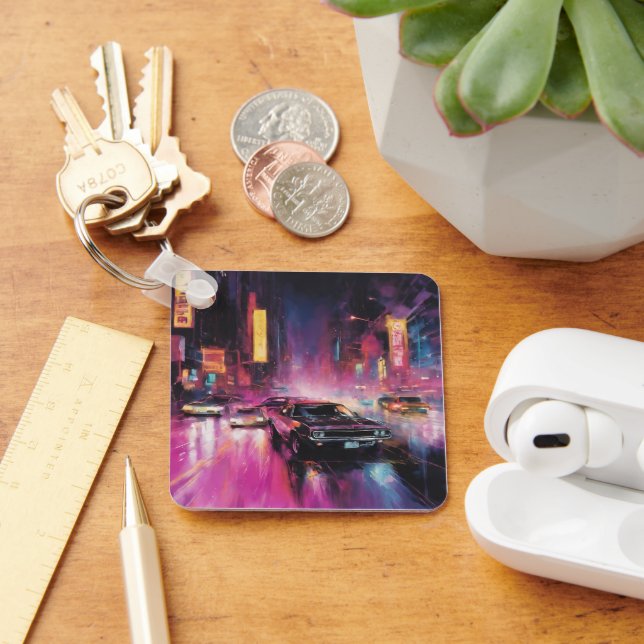 Night-time Street Racing in Vibrant City Keychain (Desk)