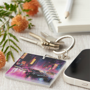 Night-time Street Racing in Vibrant City Keychain