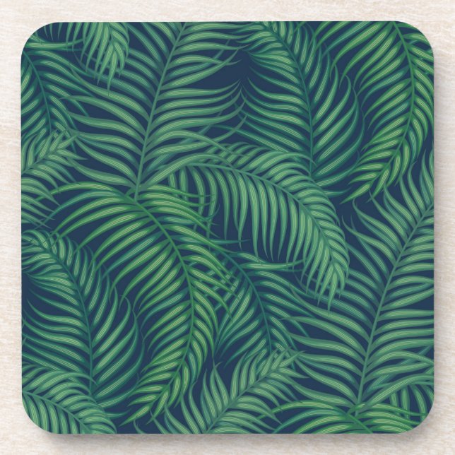 Night tropical palm leaves beverage coaster (Front)
