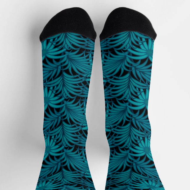 Night Tropical Teal Palm Leaves Socks (Top)