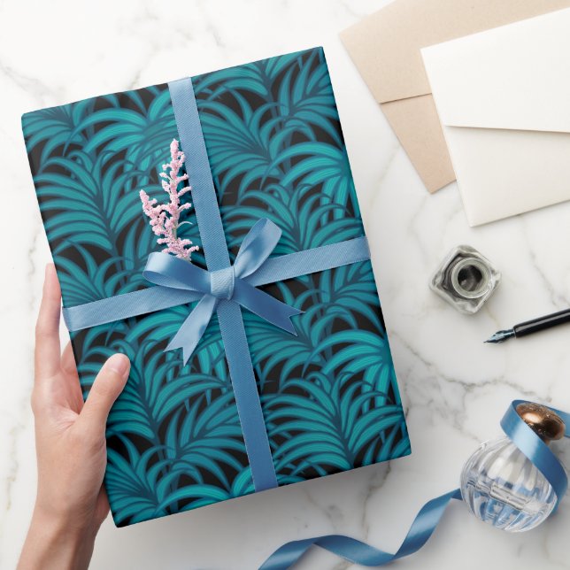 Night Tropical Teal Palm Leaves  Wrapping Paper (Gifting)