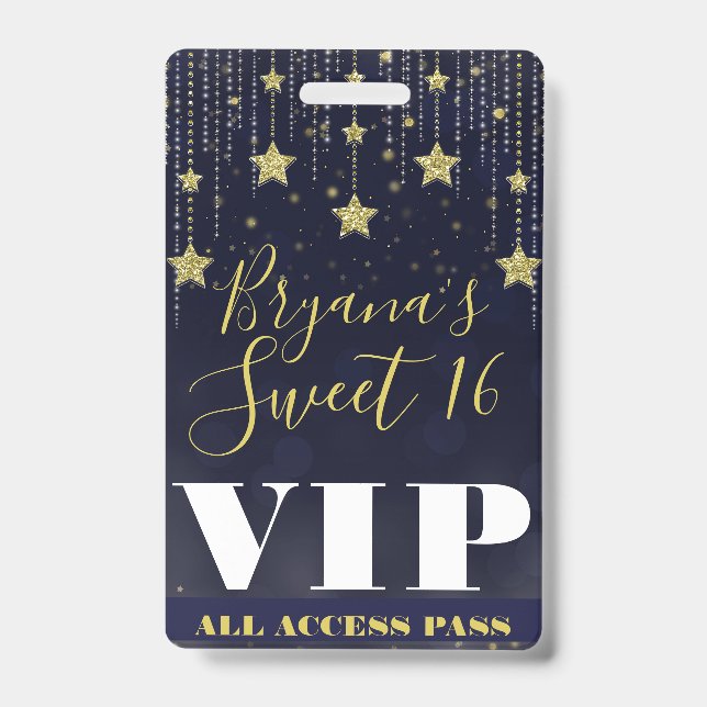 Night under Stars Gold Dark Blue Sweet 16 VIP Pass Badge (Front)