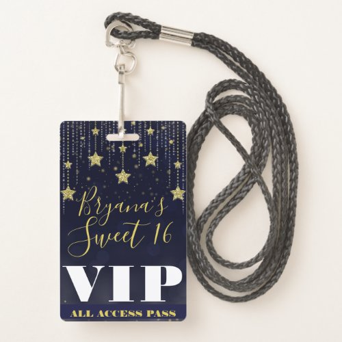 Night under Stars Gold Dark Blue Sweet 16 VIP Pass Badge