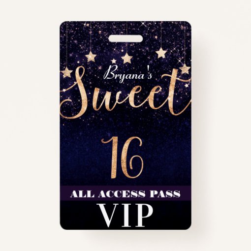 Night under Stars Gold Purple Sweet 16 VIP Pass Badge Zazzle