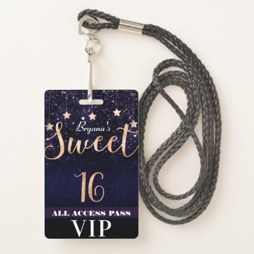 Night under Stars Gold Purple Sweet 16 VIP Pass Badge