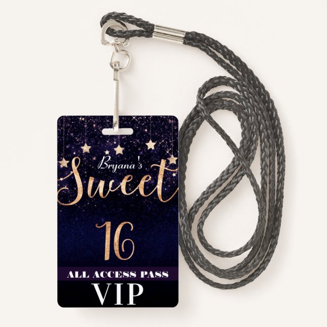 Night under Stars Gold Purple Sweet 16 VIP Pass Badge (Front with Lanyard)