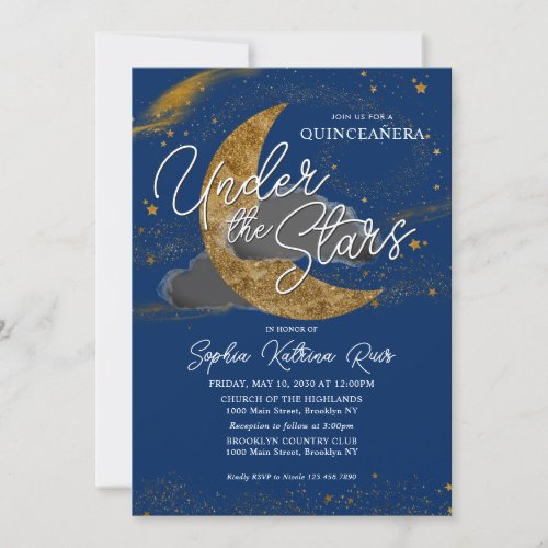 Night Under the Stars Blue Gold Moon Quinceanera Invitation