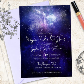 Night Under The Stars Galaxy Sweet 16 Invitation by starstreamdesign at Zazzle