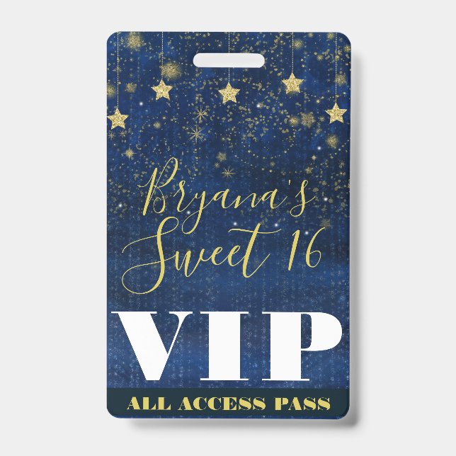 Night under the Stars Gold Blue Sweet 16 VIP Pass Badge (Front)