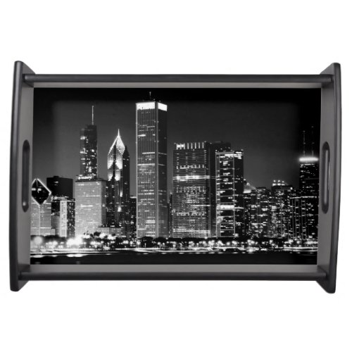 Night view of Chicagos famous cityscape Serving Tray