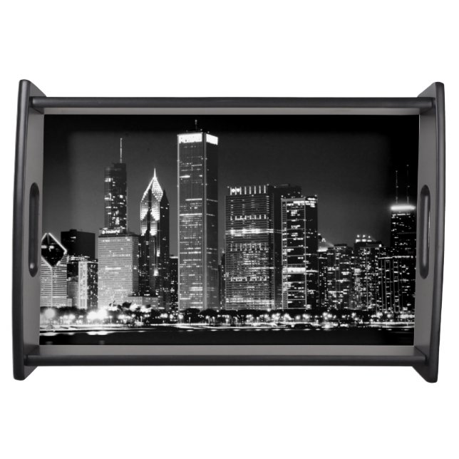 Night view of Chicago's famous cityscape Serving Tray (Front)