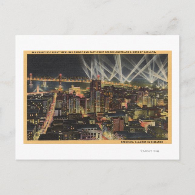 Night View of City, Bay Bridge, Searchlights Postcard (Front)